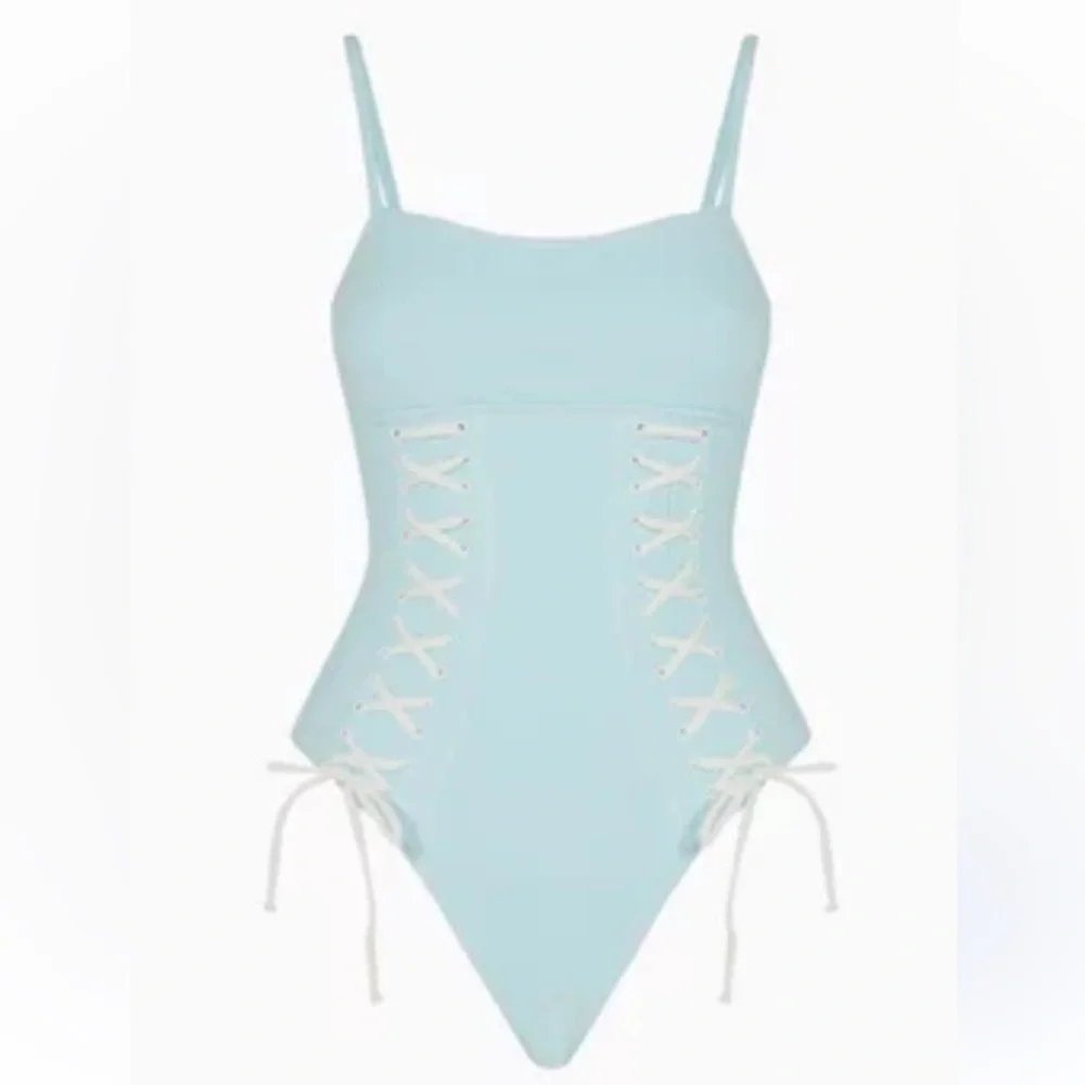 New! Frankie’s Bikinis Kylee lace-up one piece swimsuit blue 22752